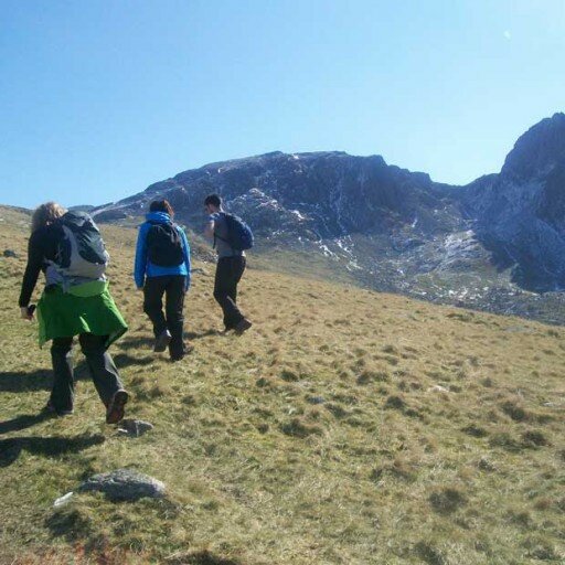 Climbing towards Lingmell with Scafell Pike beyond