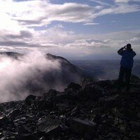 Mist clearing the summit of Scafell Pike with Scafell behind