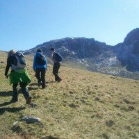 Climbing towards Lingmell with Scafell Pike beyond